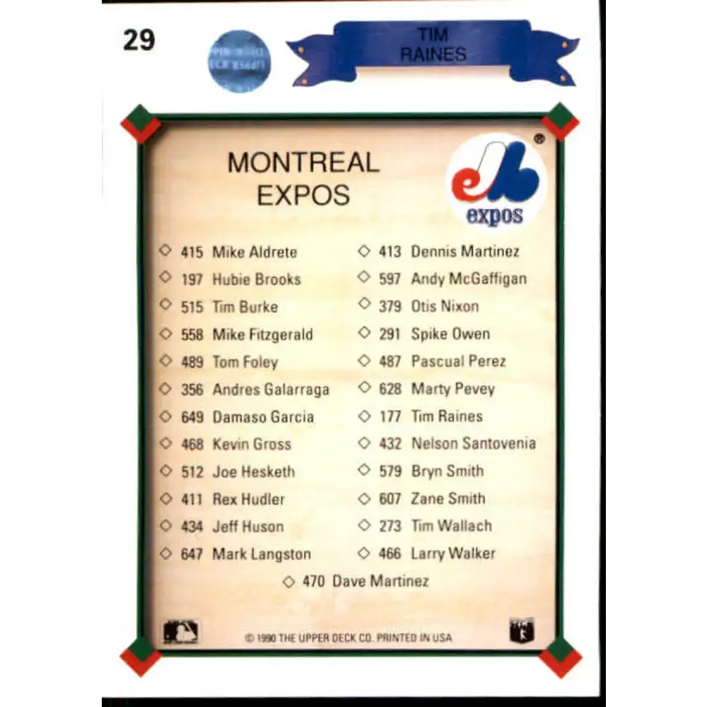 1990 Upper Deck #29 Tim Raines TC UER NM-MT Montreal Expos Baseball Card - Baseball Card Single