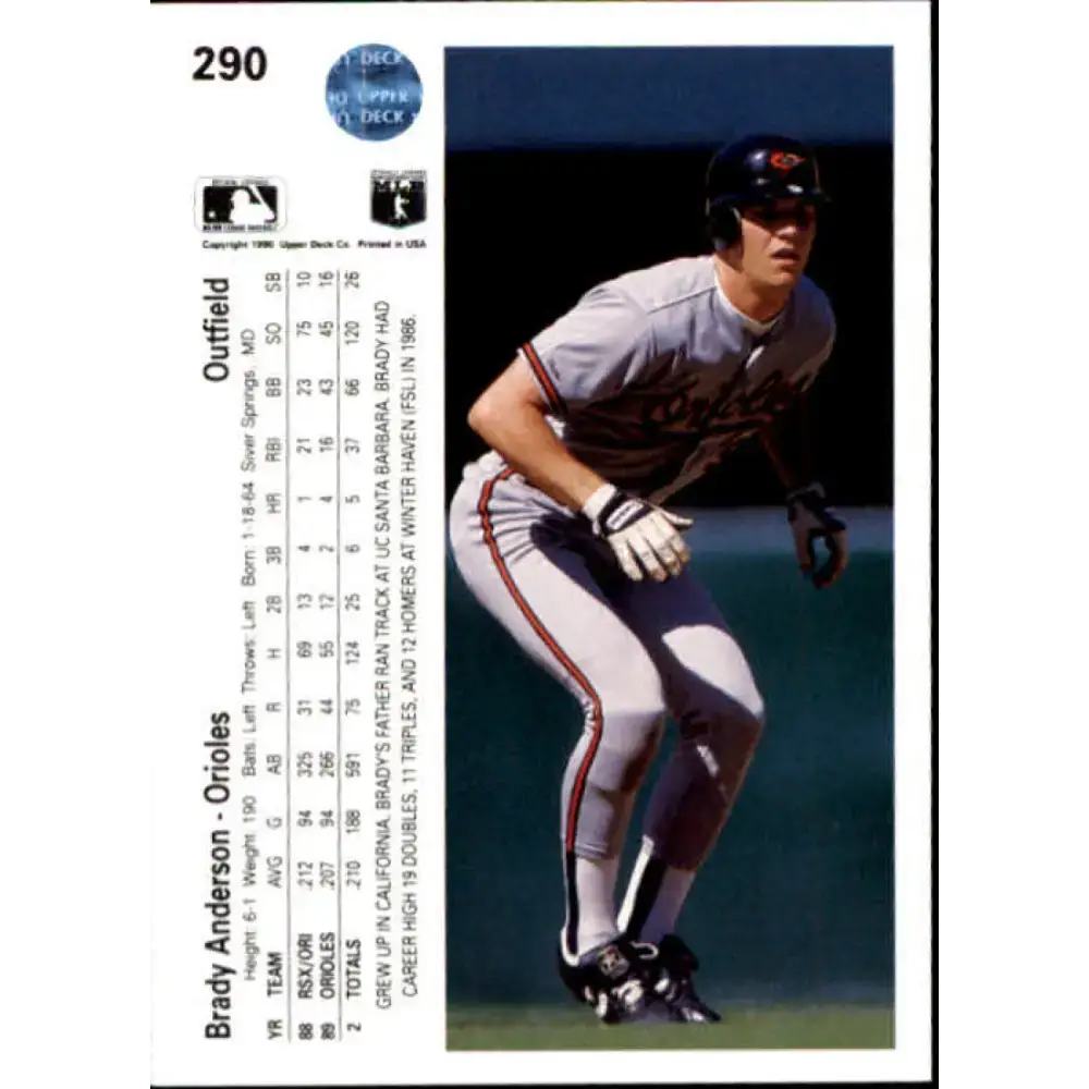 1990 Upper Deck #290 Brady Anderson NM-MT Baltimore Orioles Baseball Card - Baseball Card Single