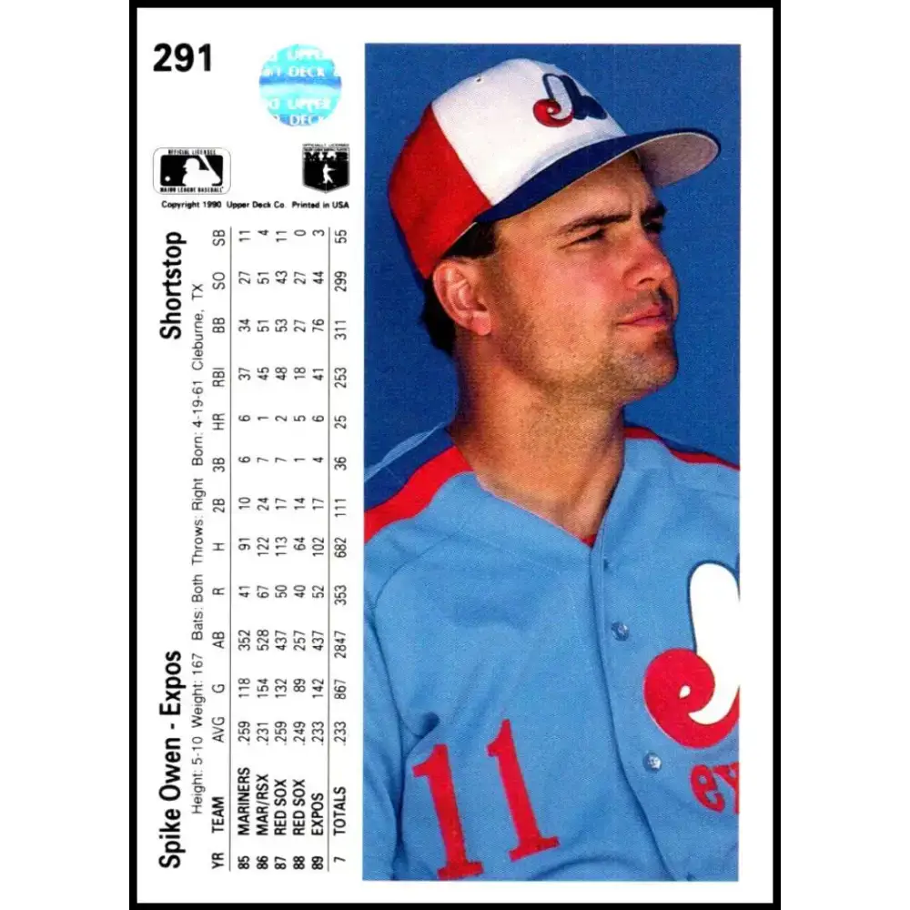 1990 Upper Deck #291 Spike Owen NM-MT Montreal Expos Baseball Card - Baseball Card Single