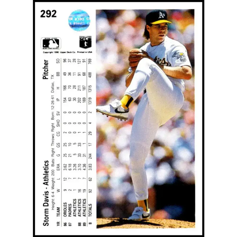 1990 Upper Deck #292 Storm Davis NM-MT Oakland Athletics Baseball Card - Baseball Card Single