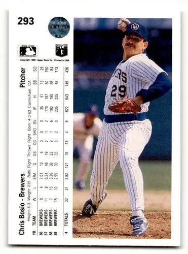 Original gloss baseball card of Chris Bosio Milwaukee Brewers pitcher from 1990 Upper Deck