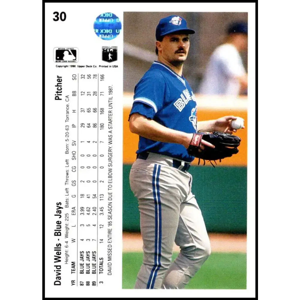 1990 Upper Deck #30 David Wells NM-MT Toronto Blue Jays Baseball Card - Baseball Card Single