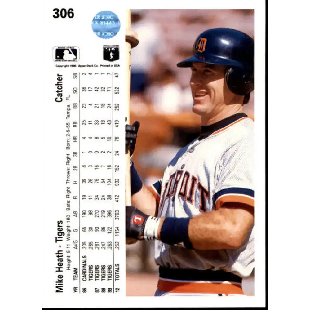1990 Upper Deck #306 Mike Heath NM-MT Detroit Tigers Baseball Card - Baseball Card Single