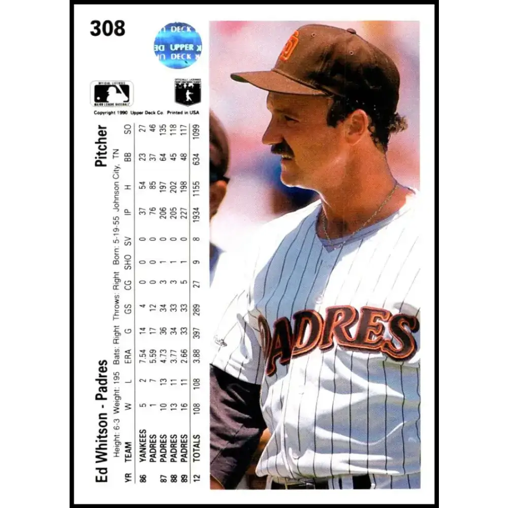 1990 Upper Deck #308 Ed Whitson NM-MT San Diego Padres Baseball Card - Baseball Card Single