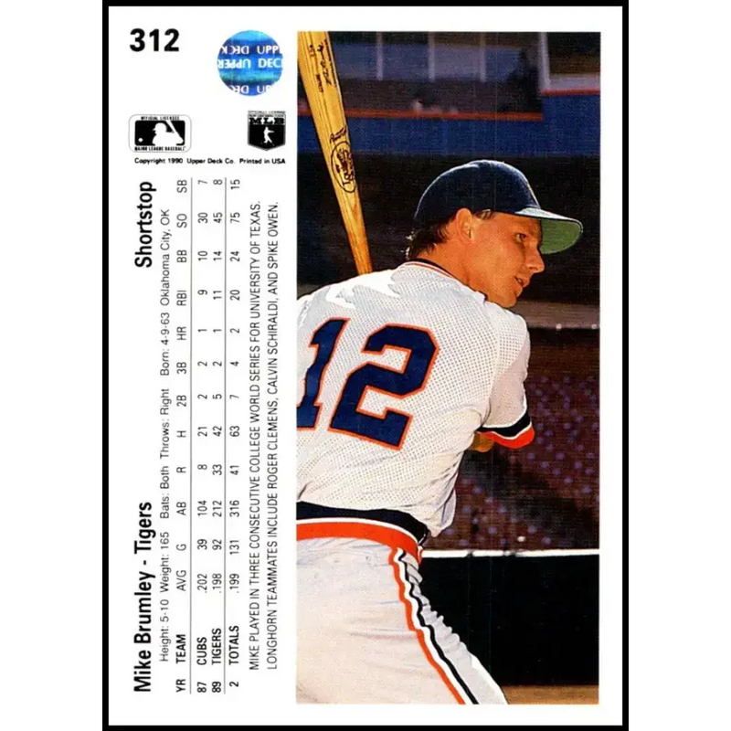 1990 Upper Deck #312 Mike Brumley NM-MT Detroit Tigers Baseball Card - Baseball Card Single