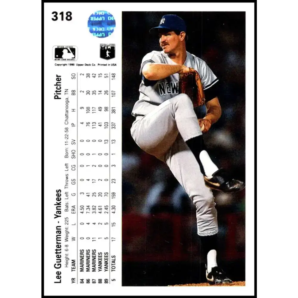 1990 Upper Deck #318 Lee Guetterman NM-MT New York Yankees Baseball Card - Baseball Card Single