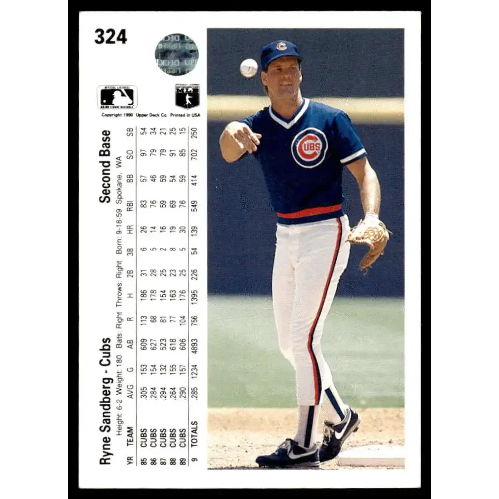 1990 Upper Deck #324 Ryne Sandberg EX Chicago Cubs Baseball Card - Baseball Card Single