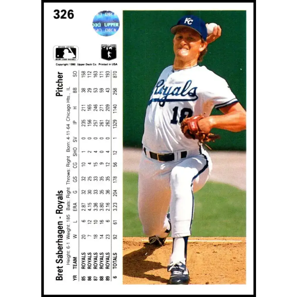 1990 Upper Deck #326 Bret Saberhagen UER NM-MT Kansas City Royals Baseball Card - Baseball Card Single