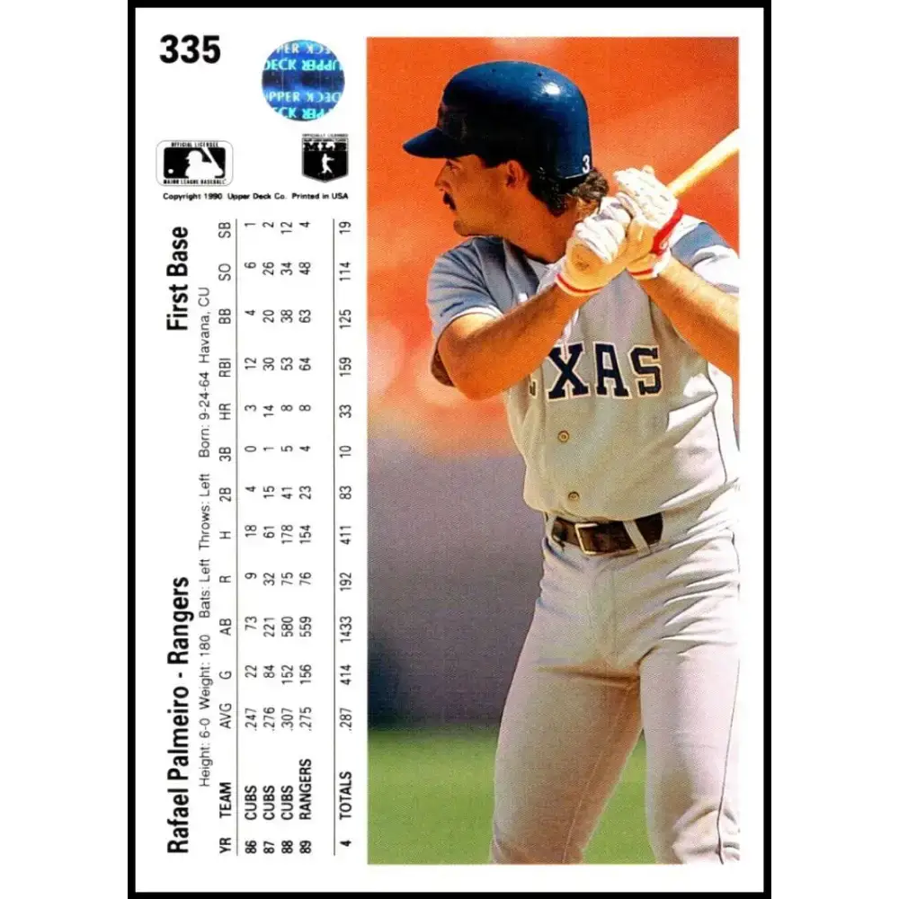 1990 Upper Deck #335 Rafael Palmeiro NM-MT Texas Rangers Baseball Card - Baseball Card Single