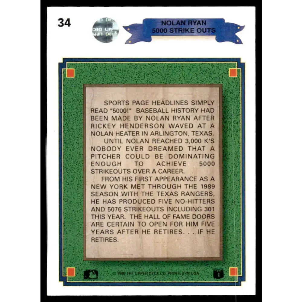 1990 Upper Deck #34 Nolan Ryan EX/NM Texas Rangers Baseball Card - Baseball Card Single