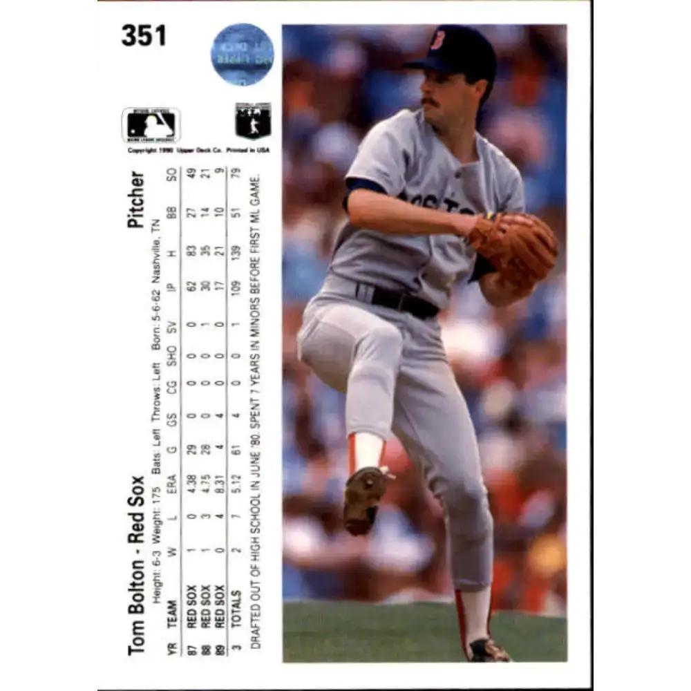 1990 Upper Deck #351 Tom Bolton NM-MT Boston Red Sox Baseball Card - Baseball Card Single