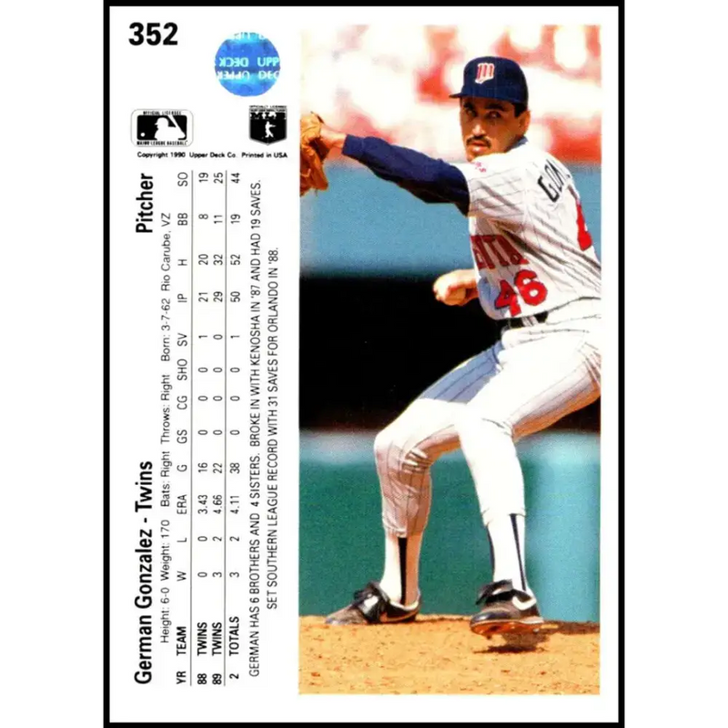 1990 Upper Deck #352 German Gonzalez NM-MT Minnesota Twins Baseball Card - Baseball Card Single