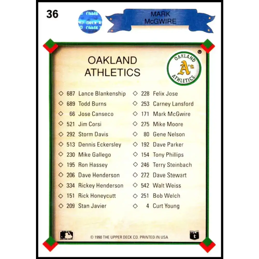 1990 Upper Deck #36 Mark McGwire TC NM-MT Oakland Athletics Baseball Card - Baseball Card Single