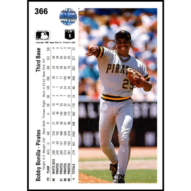 1990 Upper Deck #366 Bobby Bonilla UER NM-MT Pittsburgh Pirates Baseball Card - Baseball Card Single