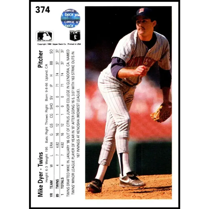 1990 Upper Deck #374 Mike Dyer NM-MT RC Rookie Minnesota Twins Baseball Card - Baseball Card Single