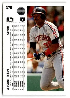 Vintage Joe Carter baseball trading card from 1990 Upper Deck featuring Joe Carter as an Indian
