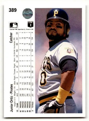 Vintage Junior Ortiz Pittsburgh Pirates baseball card with stats and portrait in uniform