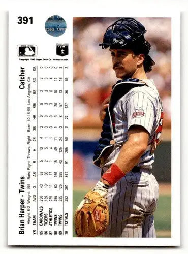 Baseball card back showing original gloss of 1990 Upper Deck Brian Harper Minnesota Twins