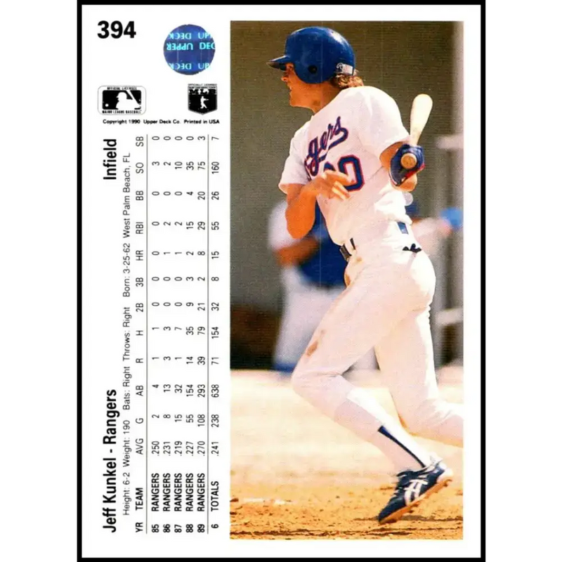 1990 Upper Deck #394 Jeff Kunkel NM-MT Texas Rangers Baseball Card - Baseball Card Single