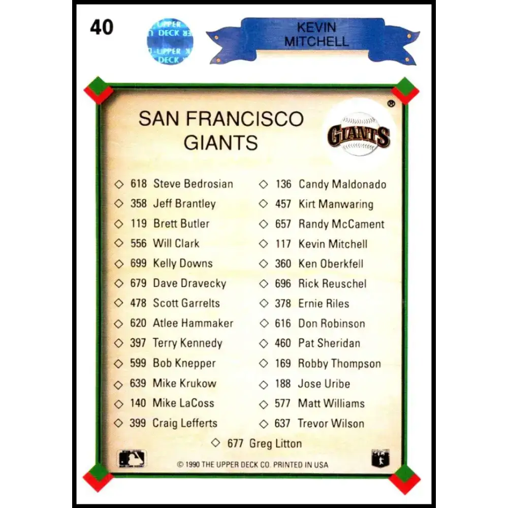 1990 Upper Deck #40 Kevin Mitchell TC NM-MT San Francisco Giants Baseball Card - Baseball Card Single