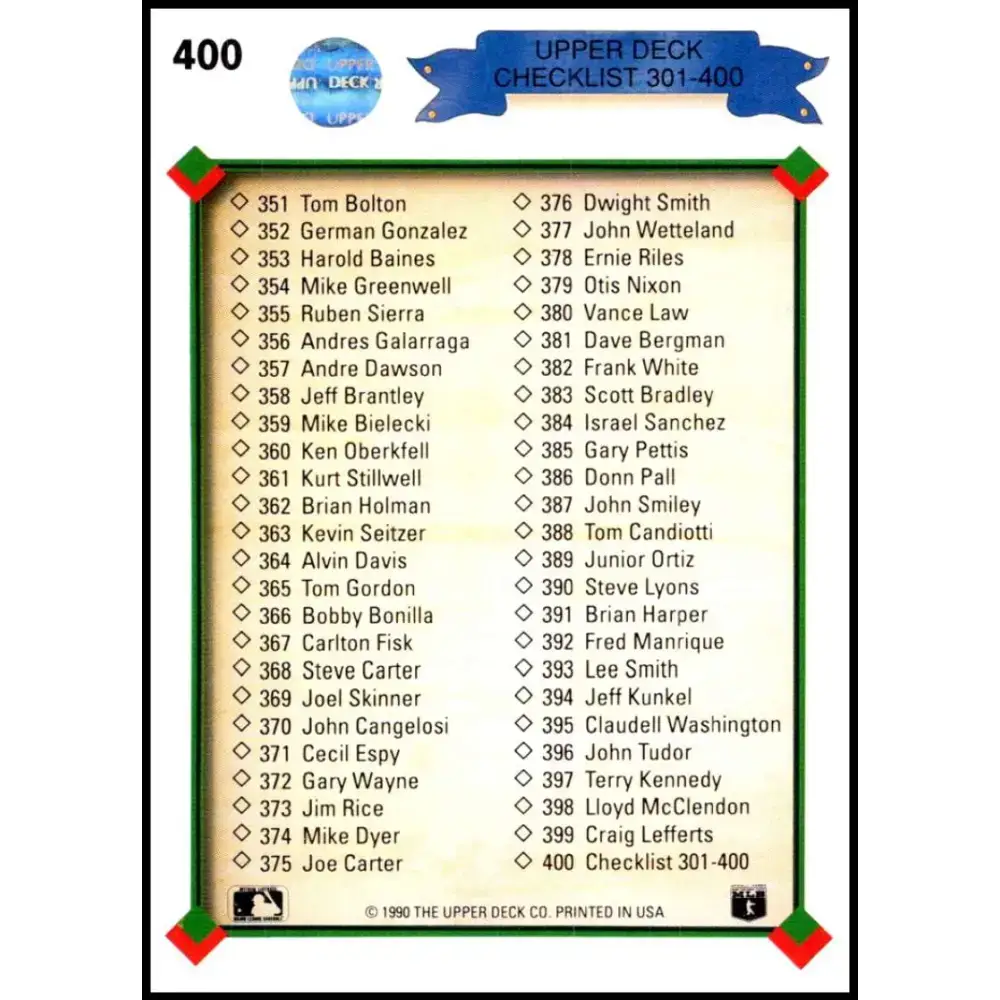 1990 Upper Deck #400 Checklist 301-400 NM-MT Various Baseball Card - Baseball Card Single