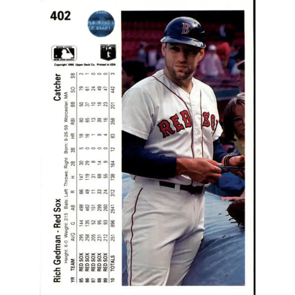 1990 Upper Deck #402 Rich Gedman NM-MT Boston Red Sox Baseball Card - Baseball Card Single