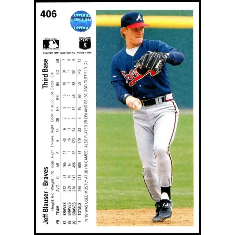 1990 Upper Deck #406 Jeff Blauser NM-MT Atlanta Braves Baseball Card - Baseball Card Single