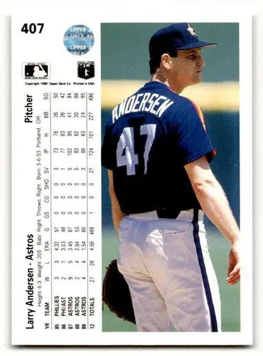 Original gloss baseball card back from 1990 Upper Deck featuring Larry Andersen Houston Astros