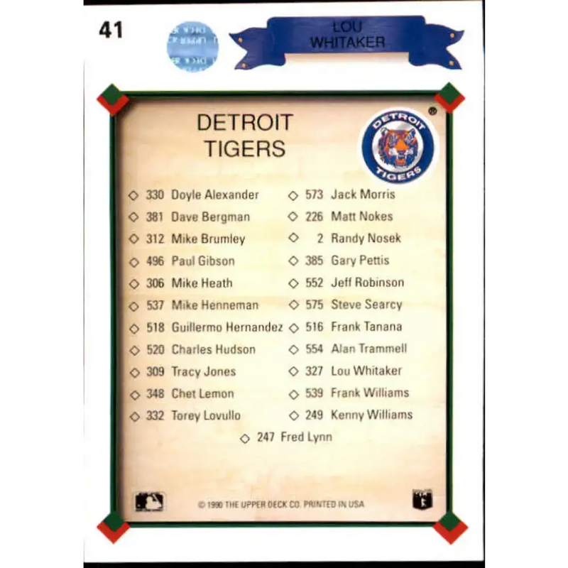 1990 Upper Deck #41 Lou Whitaker TC NM-MT Detroit Tigers Baseball Card - Baseball Card Single