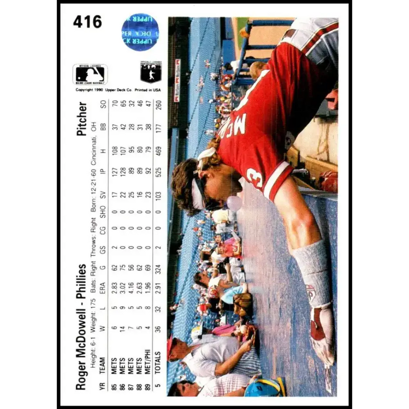 1990 Upper Deck #416 Roger McDowell NM-MT Philadelphia Phillies Baseball Card - Baseball Card Single
