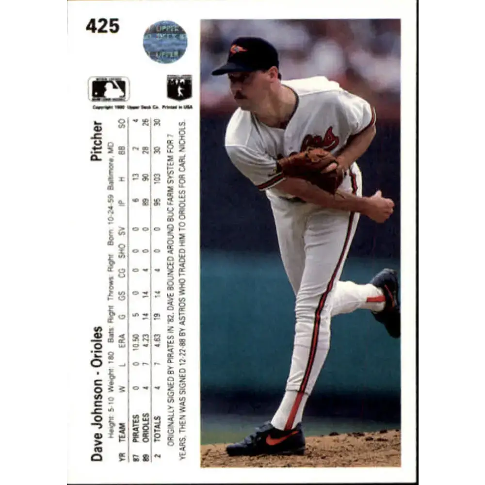 1990 Upper Deck #425 Dave Johnson NM-MT RC Rookie Baltimore Orioles Baseball Card - Baseball Card Single