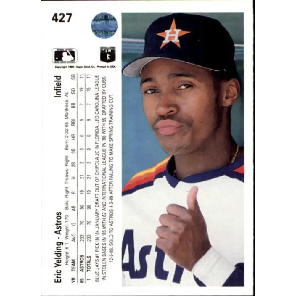 1990 Upper Deck #427 Eric Yelding NM-MT RC Rookie Houston Astros Baseball Card - Baseball Card Single