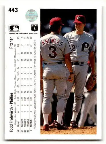 Original gloss 1990 Upper Deck Todd Frohwirth baseball card with stats and team photo