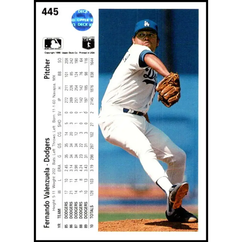 1990 Upper Deck #445 Fernando Valenzuela NM-MT Los Angeles Dodgers Baseball Card - Baseball Card Single