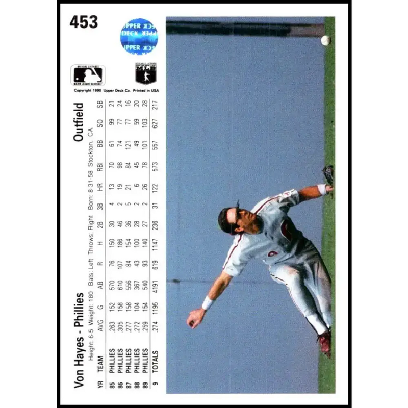 1990 Upper Deck #453 Von Hayes NM-MT Philadelphia Phillies Baseball Card - Baseball Card Single