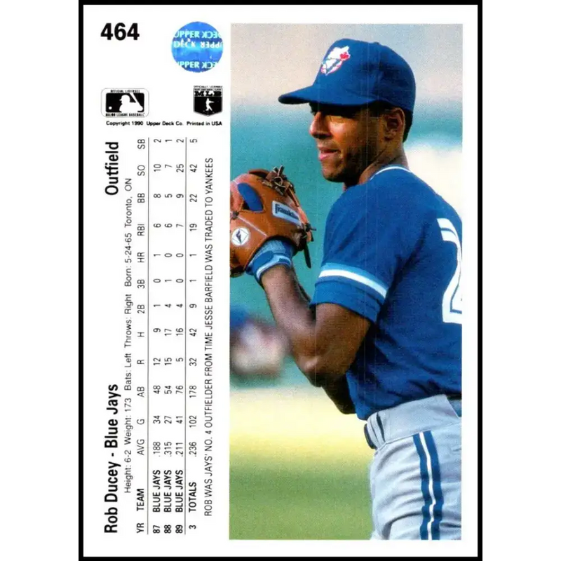 1990 Upper Deck #464 Rob Ducey NM-MT Toronto Blue Jays Baseball Card - Baseball Card Single