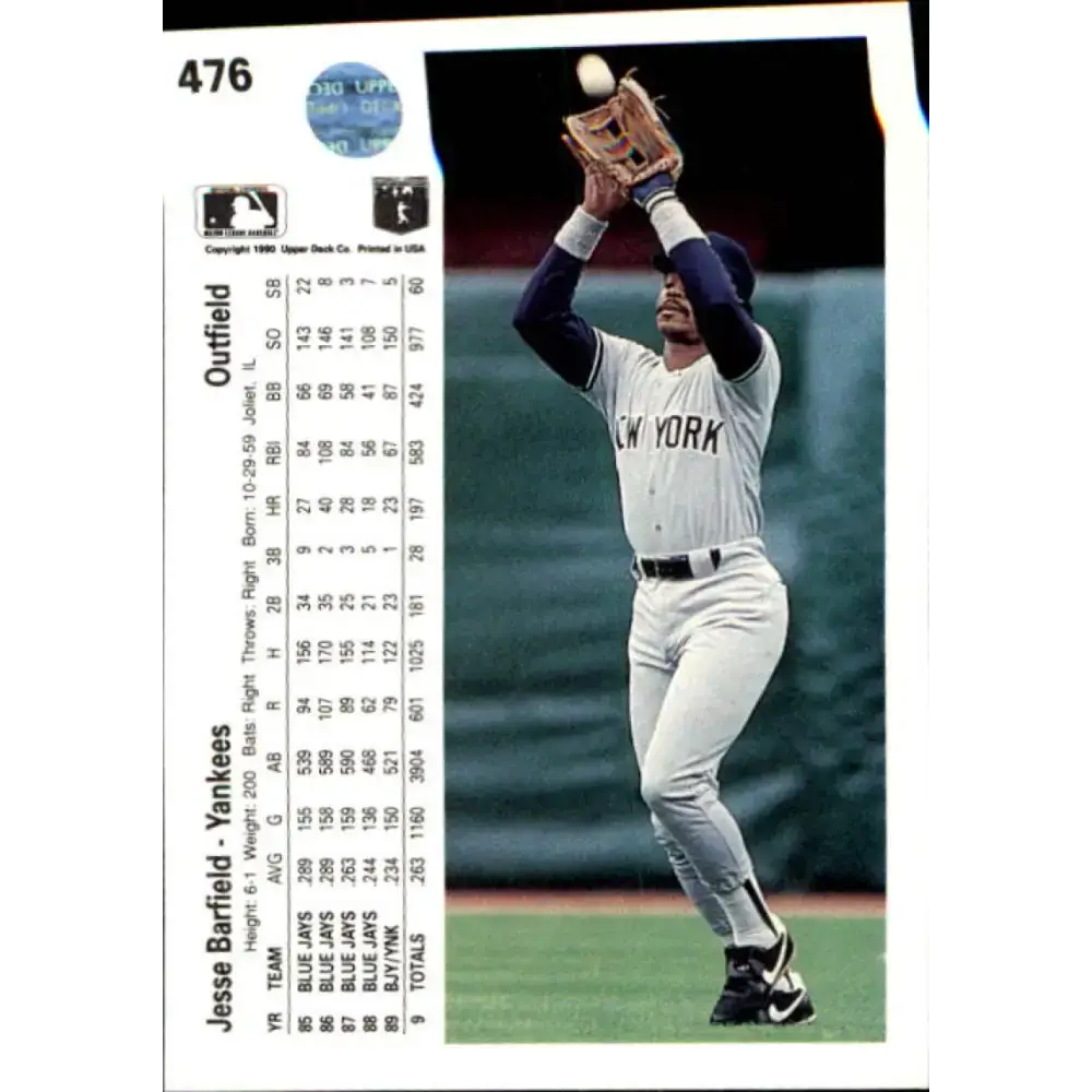 1990 Upper Deck #476 Jesse Barfield NM-MT New York Yankees Baseball Card - Baseball Card Single