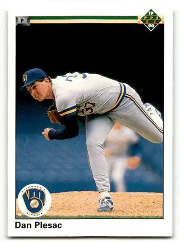 Original gloss baseball card featuring Dan Plesac Milwaukee Brewers pitcher in grey uniform