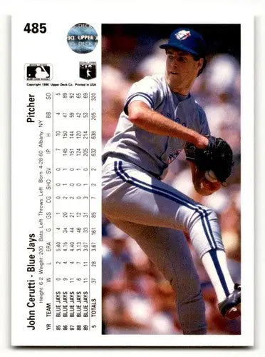 Original gloss John Cerutti Toronto baseball card from 1990 Upper Deck #485 featuring Cerutti Toronto Blue Jays
