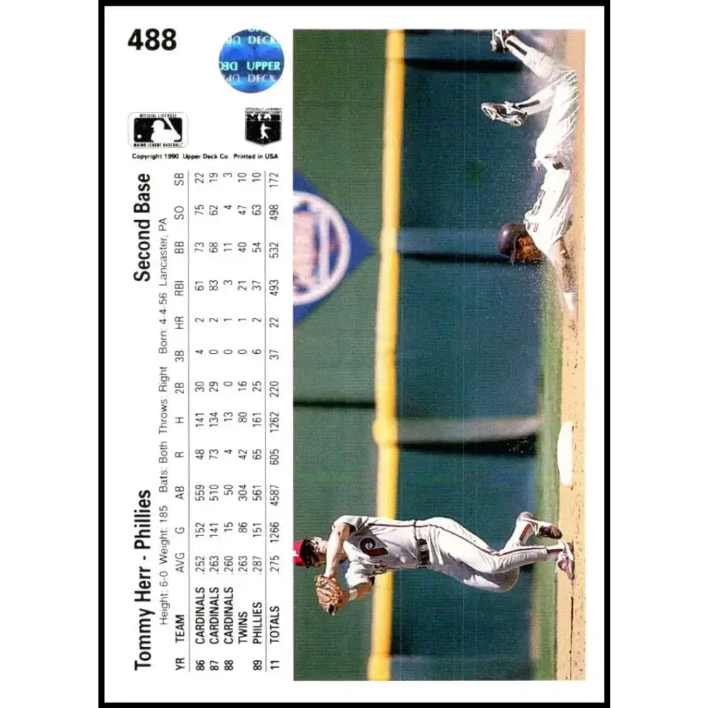 1990 Upper Deck #488 Tom Herr NM-MT Philadelphia Phillies Baseball Card - Baseball Card Single