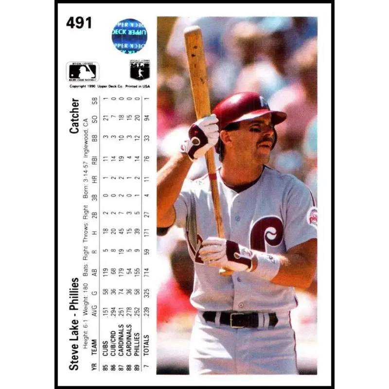 1990 Upper Deck #491 Steve Lake NM-MT Philadelphia Phillies Baseball Card - Baseball Card Single