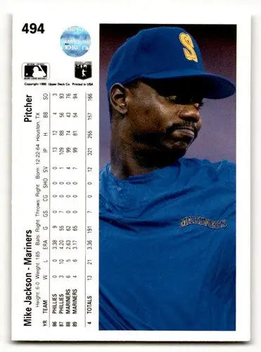 Vintage 1990 Upper Deck Mike Jackson Seattle Mariners baseball card with career stats