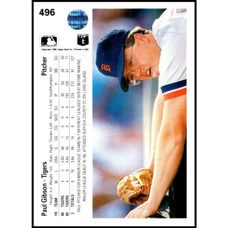 1990 Upper Deck #496 Paul Gibson NM-MT Detroit Tigers Baseball Card - Baseball Card Single