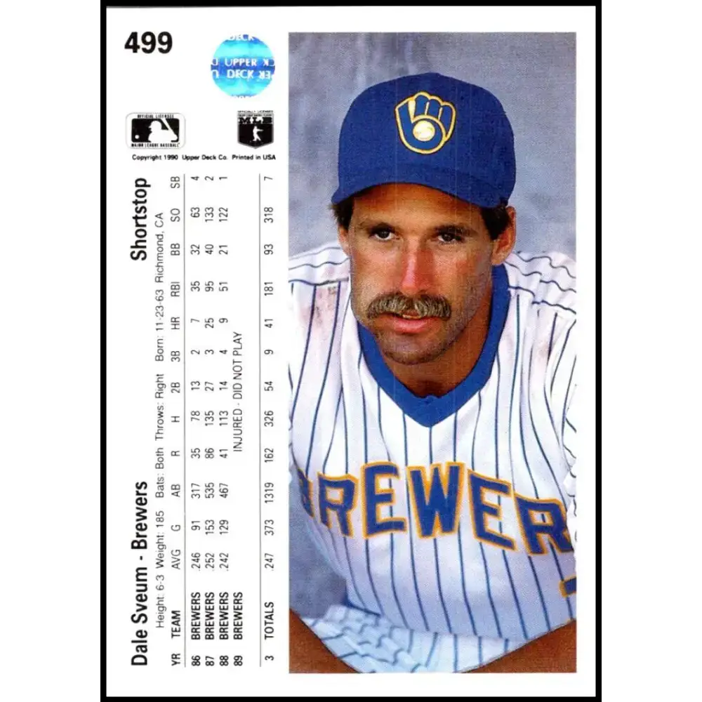 1990 Upper Deck #499 Dale Sveum NM-MT Milwaukee Brewers Baseball Card - Baseball Card Single