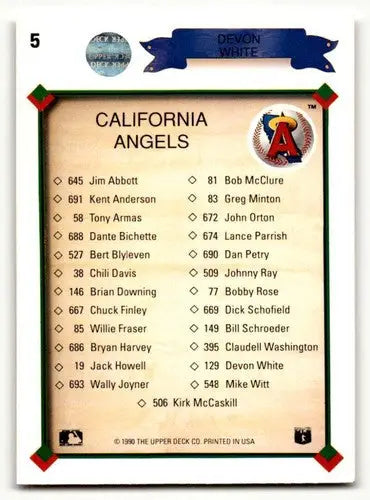 Vintage 1990 Upper Deck Devon White California Angels baseball card featuring Devon White California
