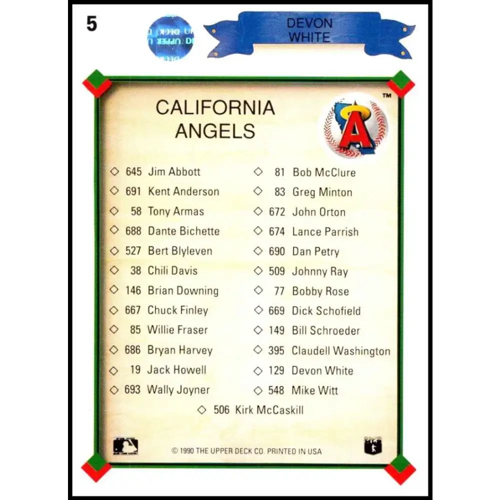 1990 Upper Deck #5 Devon White TC NM-MT California Angels Baseball Card - Baseball Card Single