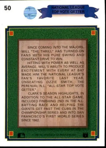 Baseball card back from 1990 Upper Deck Will Clark sports card featuring original gloss