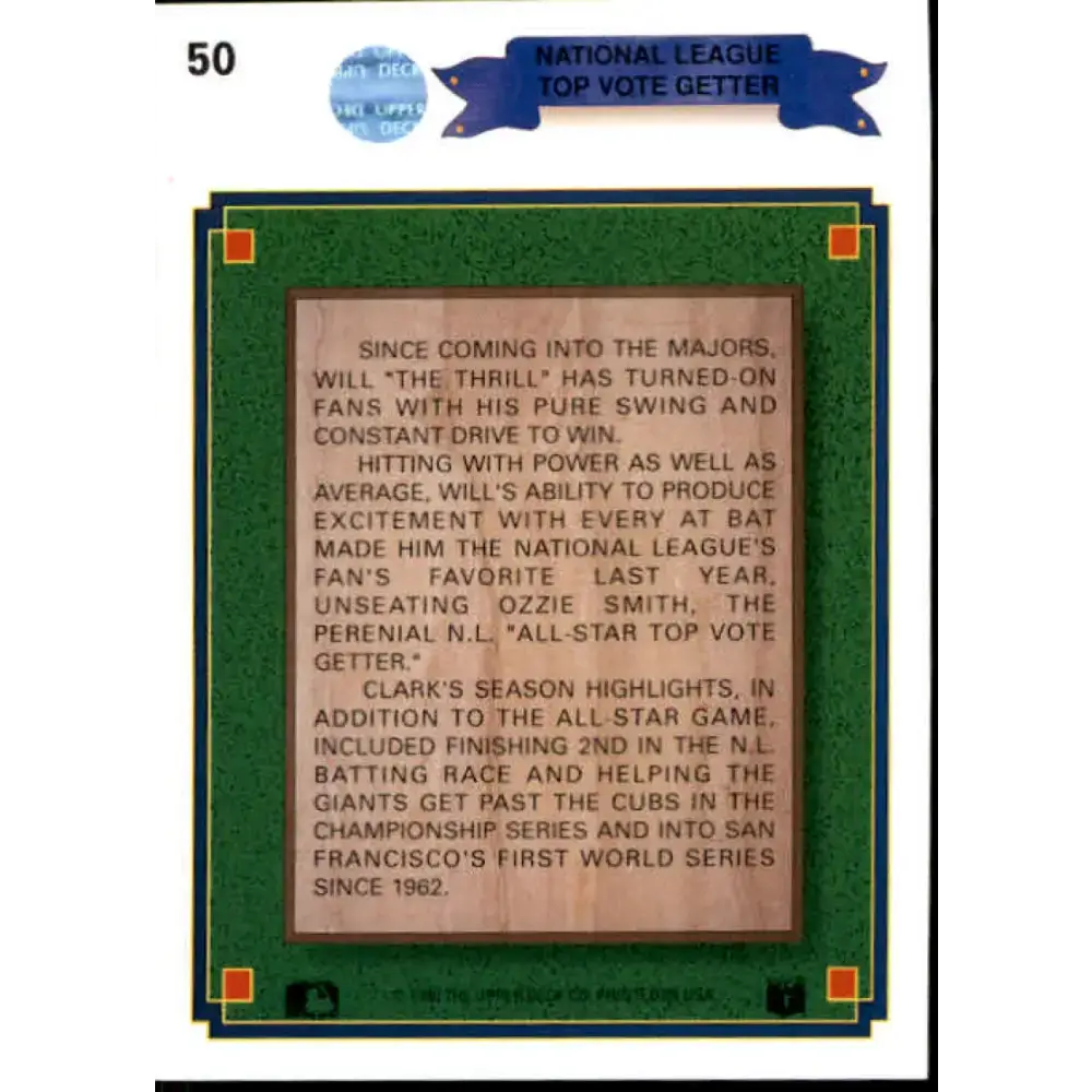 1990 Upper Deck #50 Will Clark UER EC NM-MT SP San Francisco Giants Baseball Card - Baseball Card Single