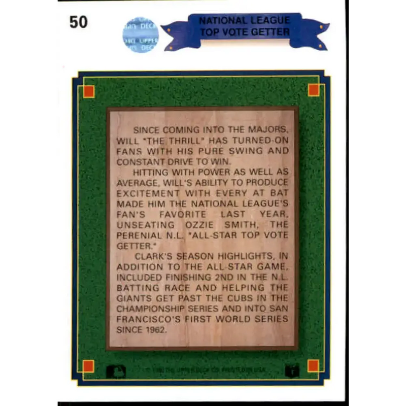 1990 Upper Deck #50 Will Clark UER EC NM-MT SP San Francisco Giants Baseball Card - Baseball Card Single
