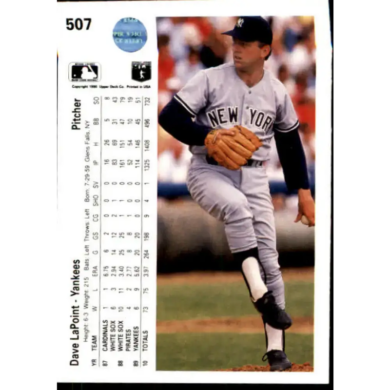 1990 Upper Deck #507 Dave LaPoint NM-MT New York Yankees Baseball Card - Baseball Card Single